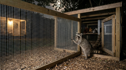 Raccoon testing the wire mesh of a chicken run at night