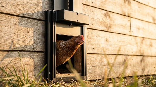 Automatic coop door mounted on a wooden coop wall with a hen in the opening