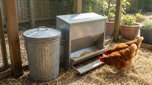 Metal feed storage can and treadle feeder in a backyard chicken run