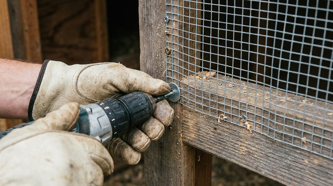 Attaching half-inch hardware cloth to a chicken coop frame with screws and washers