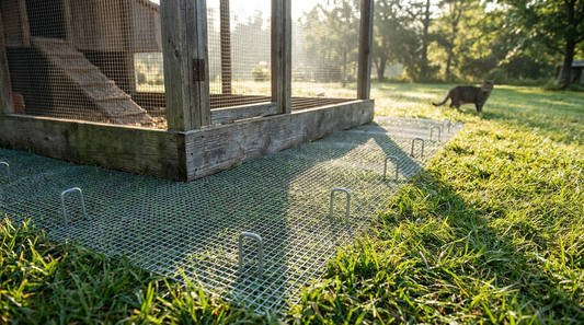 Predator apron of wire mesh pinned flat around a chicken run
