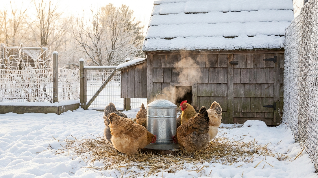 Chickens drinking from a heated waterer in a snowy backyard run
