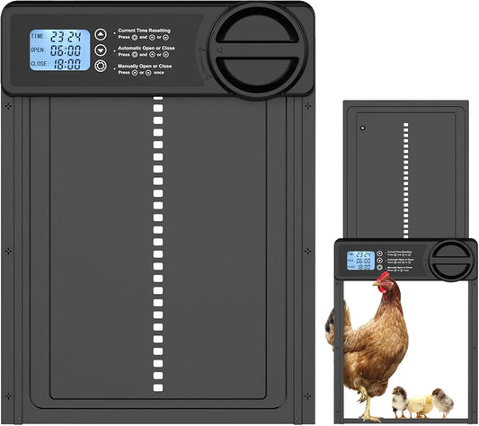 Automatic chicken coop door with timer, black aluminum unit, front view