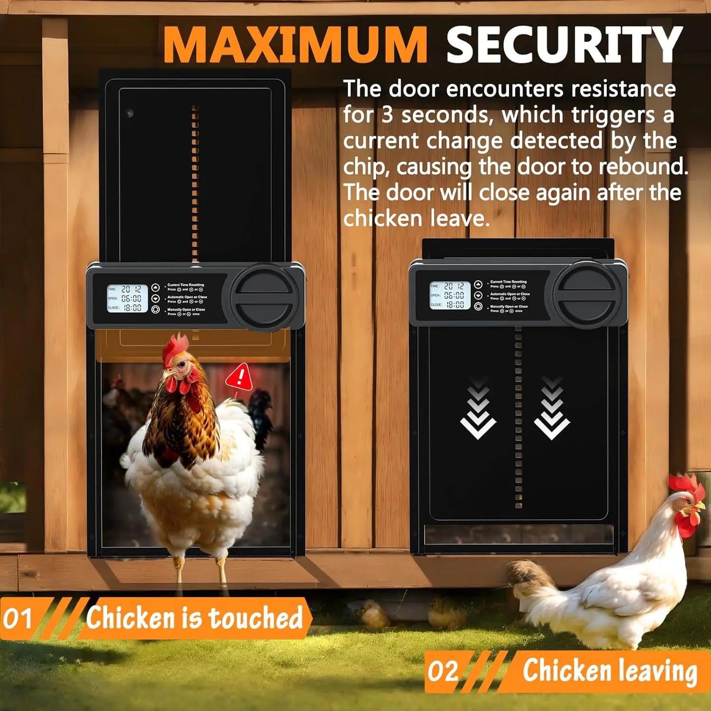 Aluminum chicken coop door panel with guided side rails, detail view
