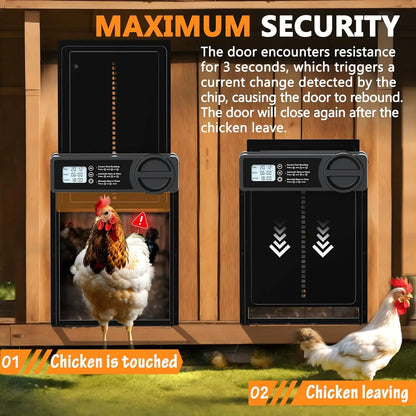 Aluminum chicken coop door panel with guided side rails, detail view