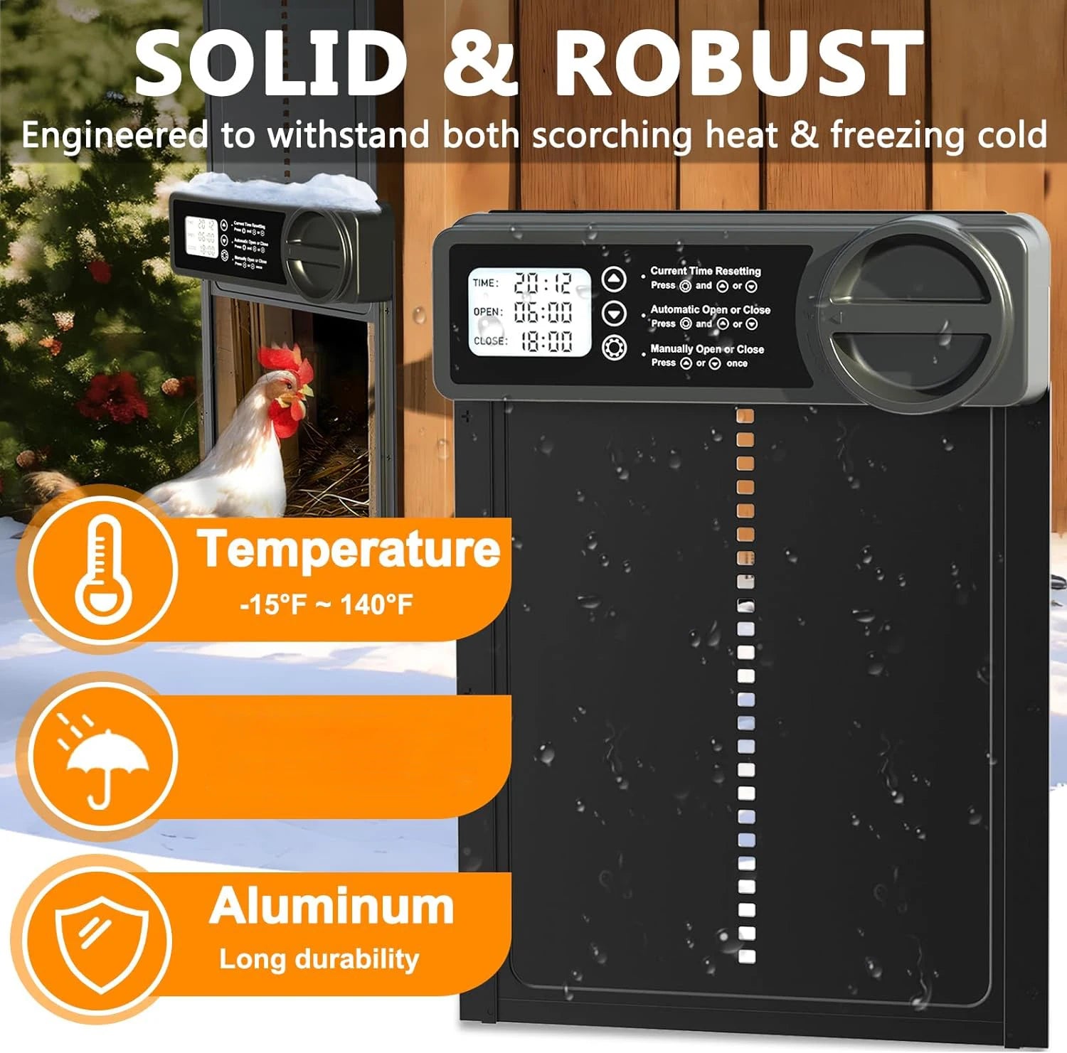 Automatic chicken coop door mounted on coop wall above pop-hole