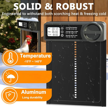 Automatic chicken coop door mounted on coop wall above pop-hole