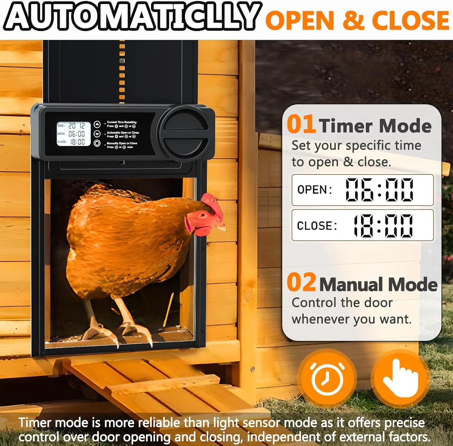 Automatic coop door opener control unit with programmable timer display