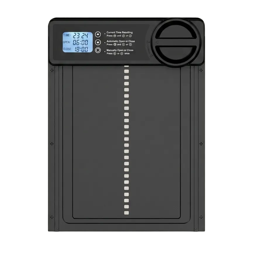 RoostGuard automatic chicken coop door with built-in timer, black aluminum unit, studio view