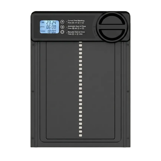 RoostGuard automatic chicken coop door with built-in timer, black aluminum unit, studio view