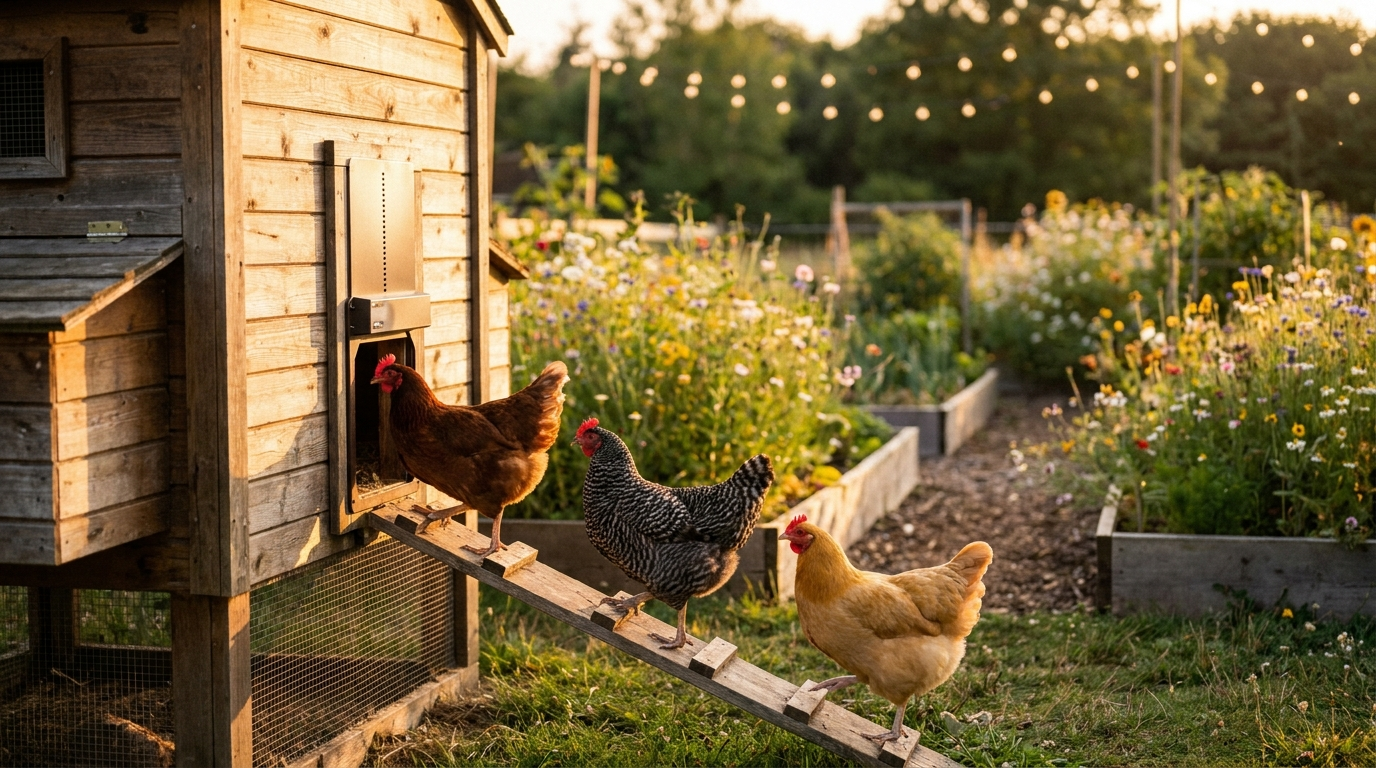 Hens walking into a wooden coop with an automatic door at dusk